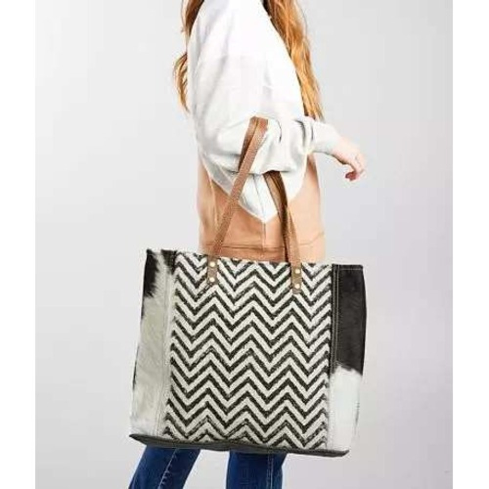 Myra Bag Chevron Cowhide Leather Canvas Tote Bag Black White Gray Large